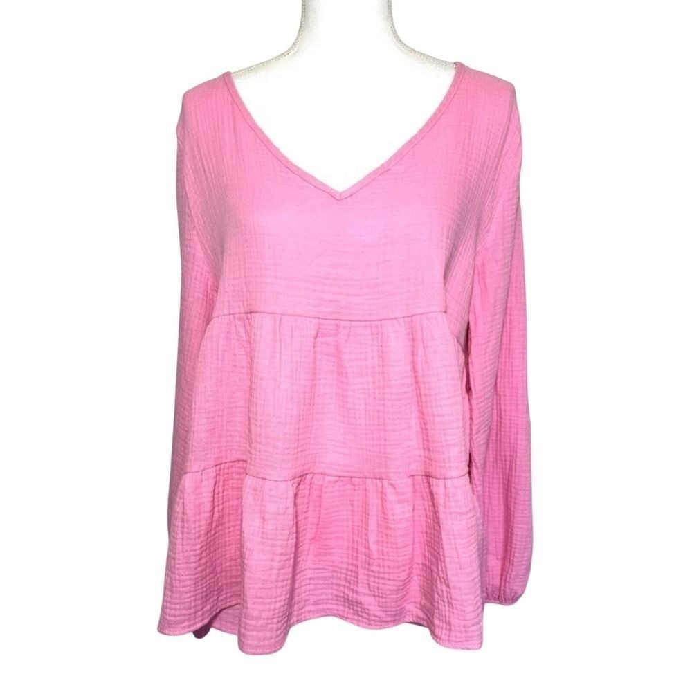 BiBi Pink Tiered V-Neck Boho Top 100% Cotton Gauze Women Medium